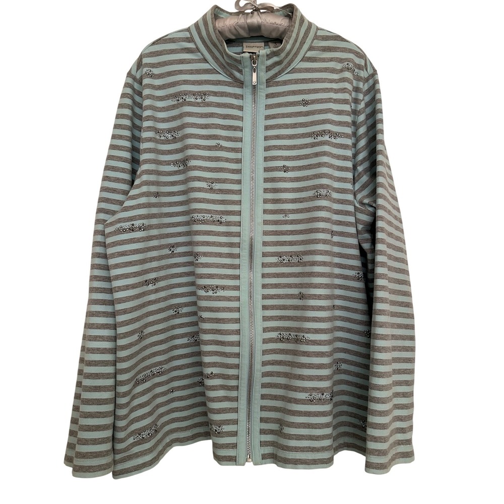 Zenergy Chico's Striped Rhinestone Full Zip Jacket Mint Grey Sz XL 16 Activewear